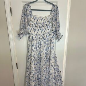 Baltic Born Blue and White Smocked Sundress with Bishop Sleeves